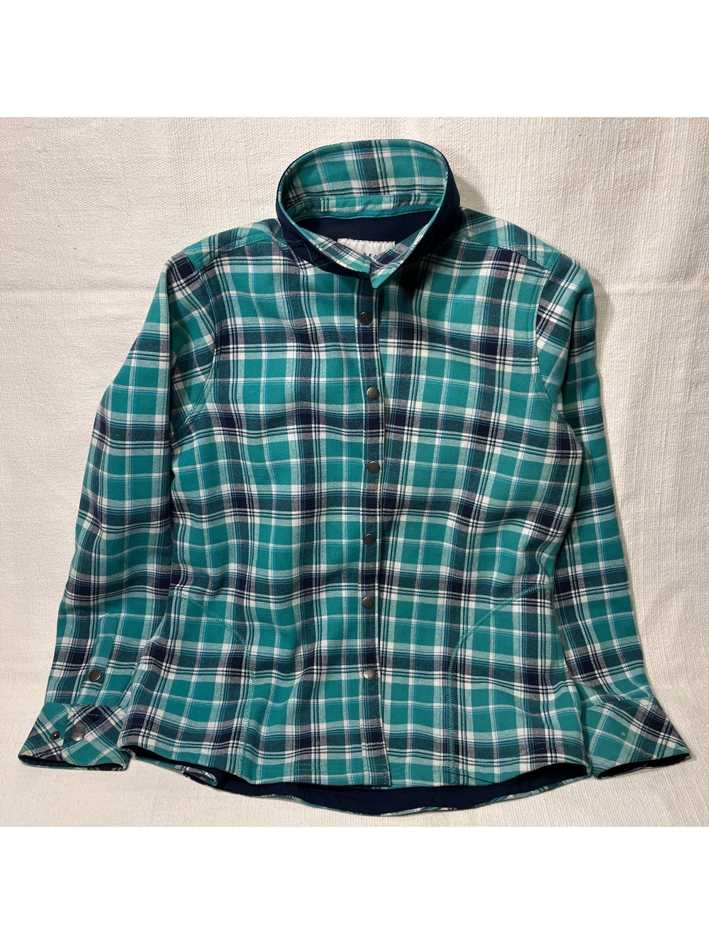 Orvis teal plaid snap front long sleeve shirt